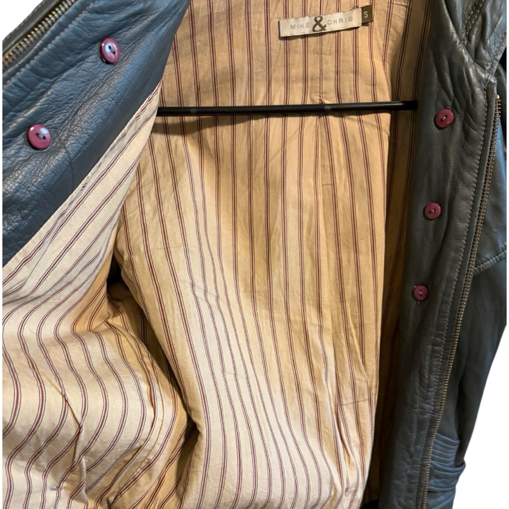 🛑SOLD🛑Mike & Chris VTG Rupert Double Breasted Hooded Grey Leather Jacket S - Picture 9 of 10